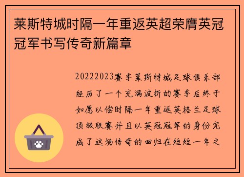 莱斯特城时隔一年重返英超荣膺英冠冠军书写传奇新篇章 莱斯特城时隔一年重返英超荣膺英冠冠军书写传奇新篇章