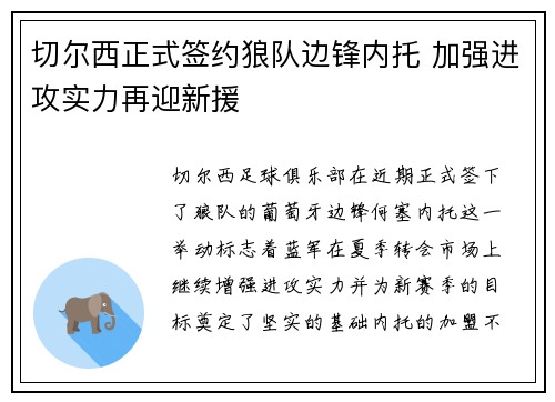 切尔西正式签约狼队边锋内托 加强进攻实力再迎新援